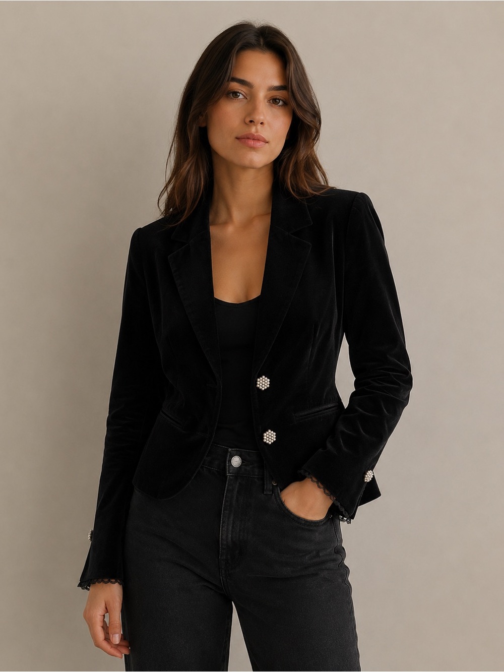 Vintage victorian velvet lace trim blazer jewelled buttons Size M